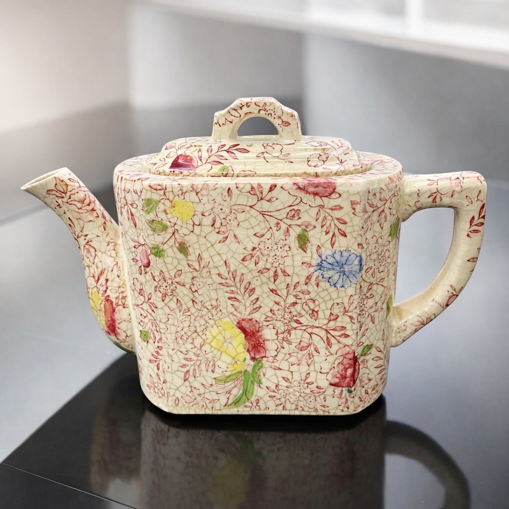 Chintz Japanese Teapot Crackle Glaze Floral Square Shape Made in Japan Vtg 3.5"